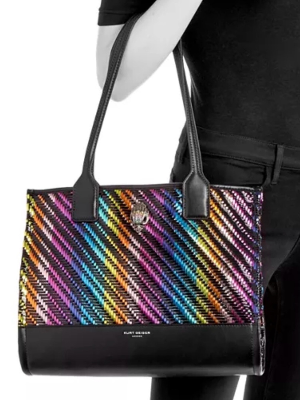 Kurt Geiger KENSINGTON SQUARE TOTE black/multi-metallic woven purse $265 NEW tag - Picture 3 of 16